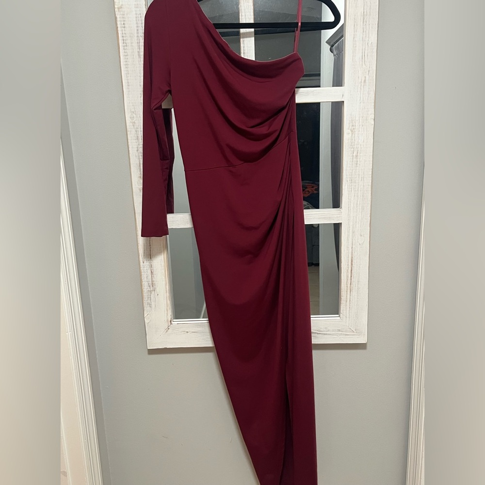 Elegant Burgundy one shoulder Long Sleeve Dress